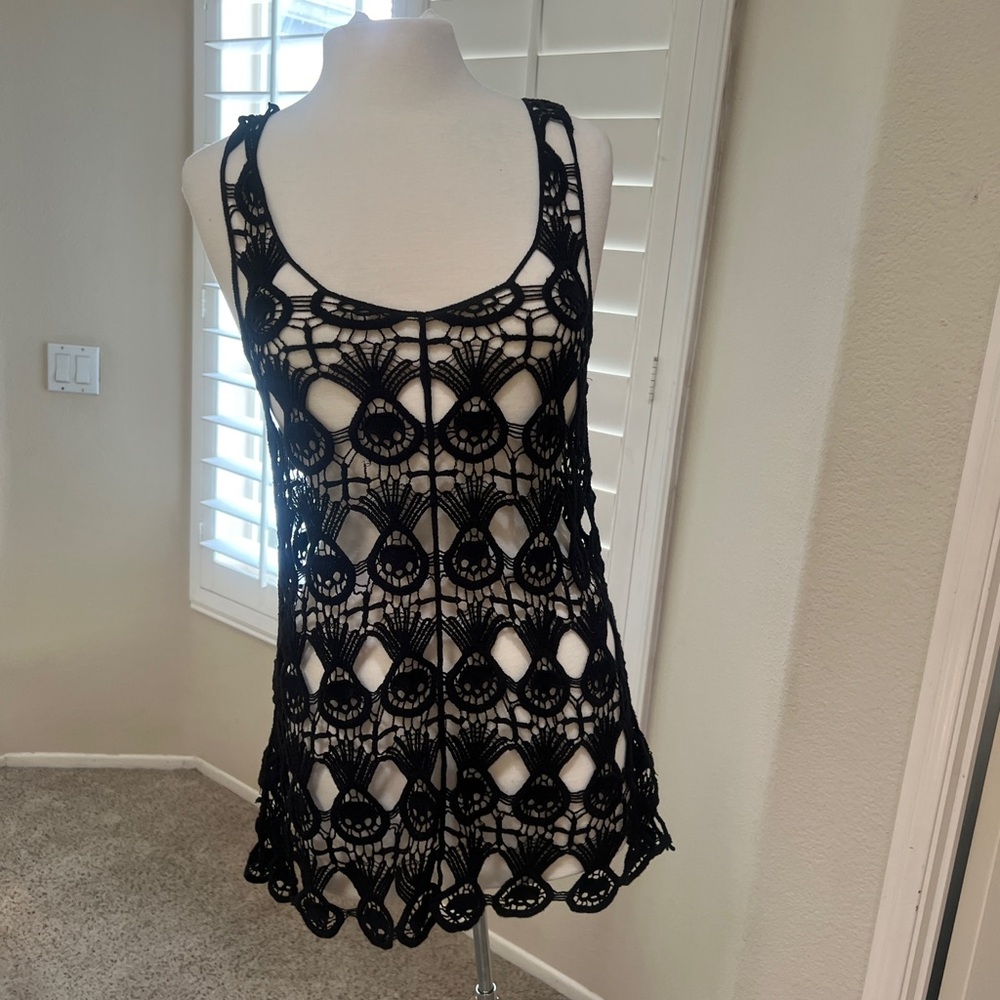 Black Handmade Cotton crochet cover up with a lace‎ design #crochet beachwear